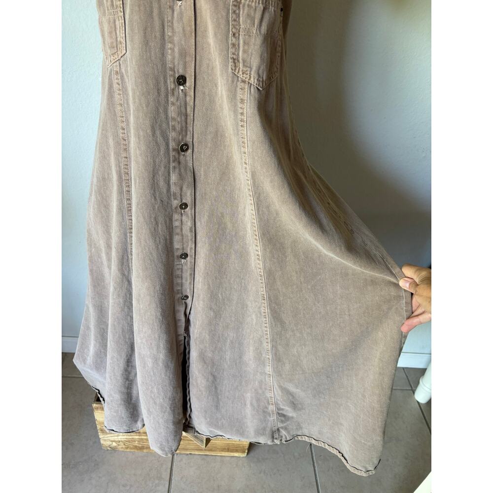 VTG 90s Cotton Canvas Button Up Maxi StonewshTaupe Empire 6Panel Flare Utility - Picture 3 of 8